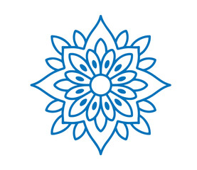 Royal blue floral motif radiates from the center against a white background