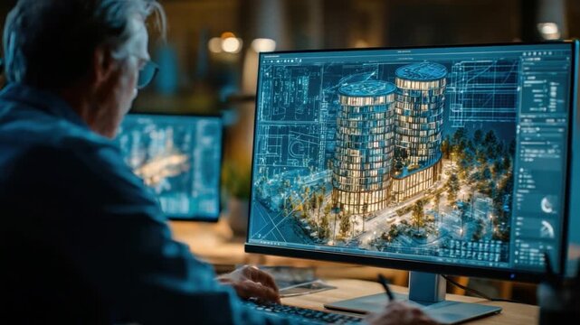 Blueprint Vision: A focused individual intently reviews architectural plans on a monitor. The scene is illuminated by the soft glow of the computer screen.