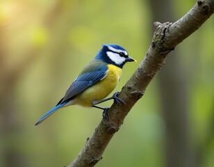 Obraz premium Blue tit bird rests on branch holding food in beak. Small wild animal finds meal in forest. Cute avian subject with yellow blue white feathers searches for sustenance.