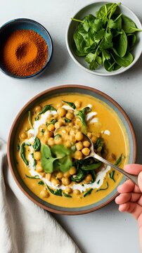 Hand Scooping Vibrant Creamy Chickpea Curry with Fresh Spinach and Cilantro, a Delicious Healthy Meal
