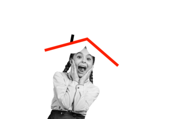 Creative photo collage image young little kid girl student pupil shocked amazed house roof book education knowledge pupil study class