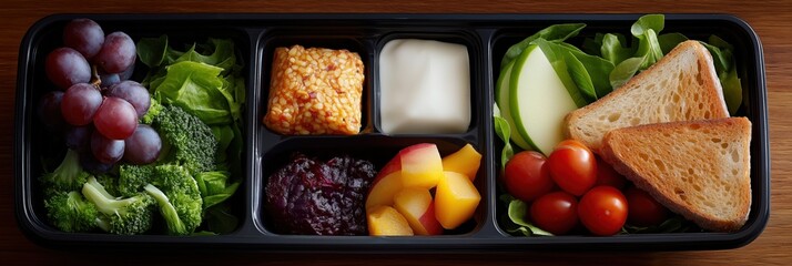 Colorful vegetarian lunch with fresh vegetables, fruits, and whole grain toast in bento box