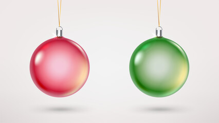 Two christmas baubles on rope. Red and green. 3d vector illustration