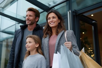 Caucasian family shopping outdoors with bags in a modern mall setting