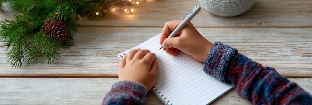 Child writing christmas list on notepad by festive pine branches