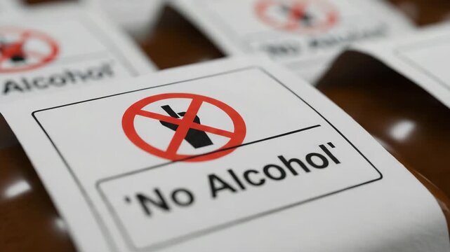 No alcohol label on product box with red symbol, no alcohol used in food labeling, no alcohol for safety visuals, health packaging, sober lifestyle branding and product restriction messages