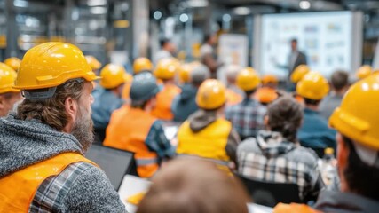 Safety Briefing in Factory: A group of factory workers wearing hard hats intently focused on a presentation, signifying workplace safety.