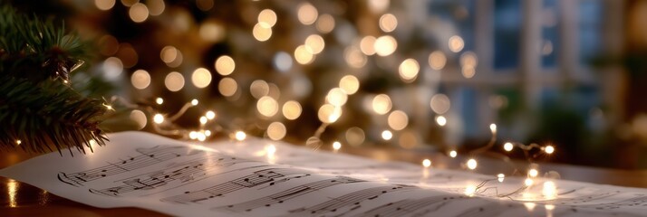 Festive christmas lights illuminating sheet music for a cozy holiday atmosphere