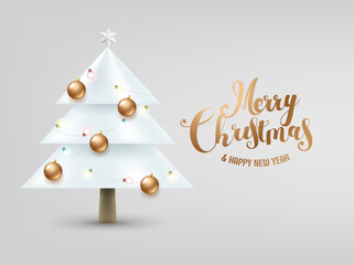 White Christmas tree with calligraphic inscription. Vector illustration