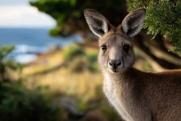 Curious kangaroo in natural habitat with ocean background