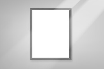 Vertical grey portrait frame on white wall with sun beam. 3d vector mockup
