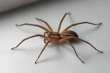 Close-up of a brown spider on white surface with detailed legs and body texture
