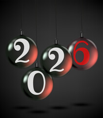 Happy new 2026 year greeting card with baubles. 3d vector illustration