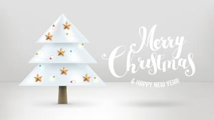 Merry Christmas and happy new year card. Vector 3d illustration with lettering logo