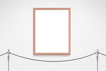 Wood portrait frame on white wall. 3d vector mockup