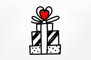 Gift boxes with red heart. Vector doodle illustration