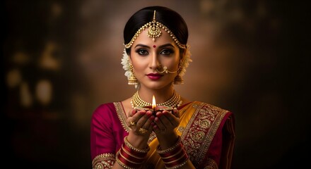 Fototapeta premium Portrait of a beautiful woman in traditional South Asian attire and gold jewelry holding a glowing clay diya oil lamp in a dark, warm studio setting.