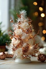 Elegant white and gold mini christmas tree with rose ornaments on tabletop