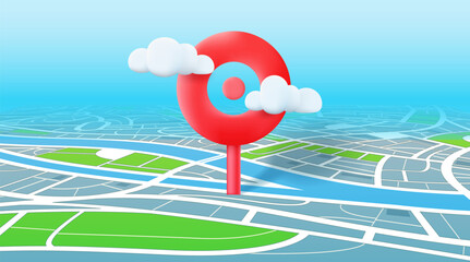 Сity map with navigation pin in perspective. 3d vector illustration