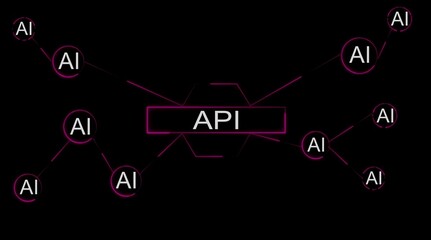 Digital network diagram with A P I in center and A I nodes connected by lines on black background artificial intelligence