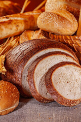 Fresh baked bread. Assorted bakery products loafs of bread and rolls...
