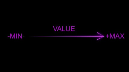 Purple neon arrow graphic showing value from minimum to maximum on black background image