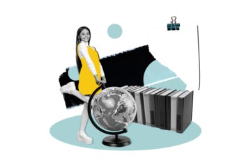 Composite photo collage of happy pretty girl stand globe book supplies geography subject secondary school isolated on painted background