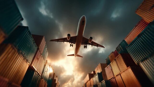 Global Transportation: An airplane soars above a sea of shipping containers, a visual metaphor for the world's interconnected logistics and supply chains.