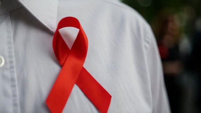 Red protest ribbon pinned to shirt collar, ribbon used in awareness campaigns, protest visuals, health activism, social rights content, charity messages and symbolic human rights communication