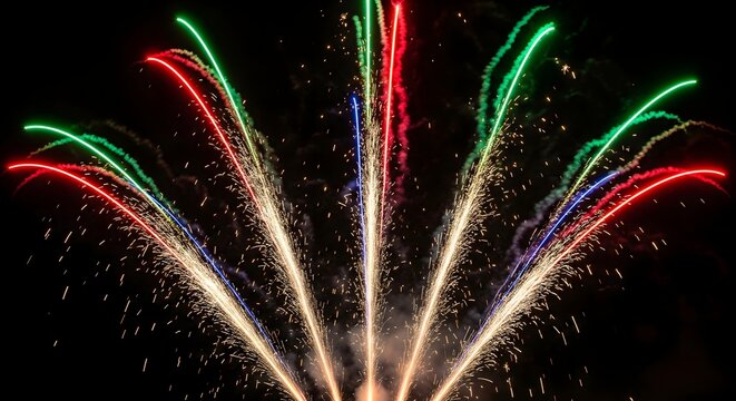 Vibrant pyrotechnic fountain display with colorful red, green, and blue light trails against a dark, dramatic night sky - Powered by Adobe