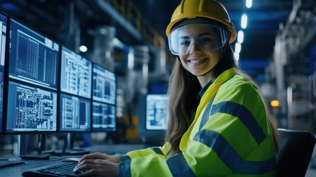Industrial Expertise: A skilled technician, radiating confidence and focus, monitors intricate data and technical schematics on multiple displays within a vast industrial setting.