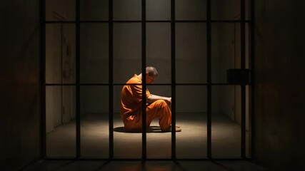 Prisoner in orange jumpsuit sitting on prison bed, arms on knees, concrete walls, prison bars and dim light, inmate alone in jail cell, rear view, solitary setting, crime arrest and incarceration - Powered by Adobe