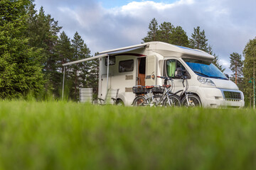 Naklejka na ściany i meble Family vacation travel RV, holiday trip in motorhome, Caravan car Vacation. Beautiful Nature Norway.