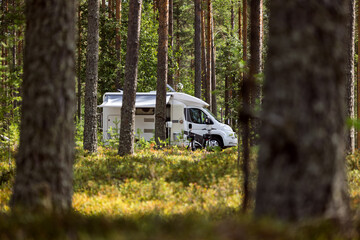 Family vacation travel RV, holiday trip in motorhome, Caravan car Vacation. Beautiful Nature Norway.