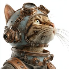 Tabby cat wearing vintage steampunk pilot helmet and goggles with intricate brass details