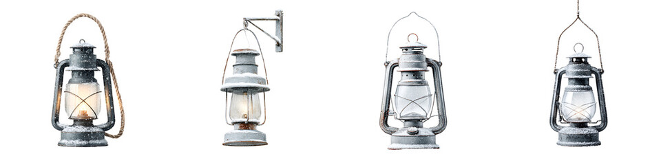 Vintage Kerosene Lanterns Set: Antique Metal Oil Lamps Collection Isolated