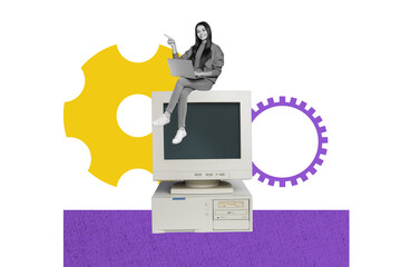 3D collage design composite trend artwork of cogwheel job manager hiring workspace business young lady sit computer monitor work laptop