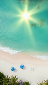 Serene Aerial Drone View of a Secluded Tropical Paradise Beach with Glistening Turquoise Water and Sun Flare.