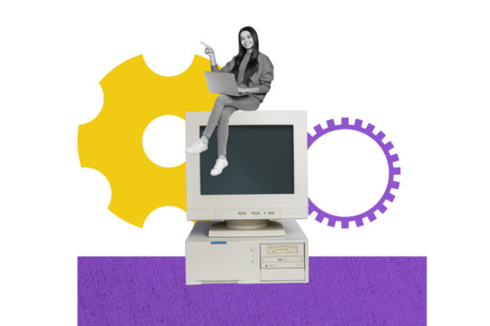 3D collage design composite trend artwork of cogwheel job manager hiring workspace business young lady sit computer monitor work laptop