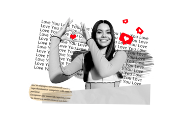 Composite photo collage of happy cute girl show heart shape hands gesture blog like icon valentine day isolated on painted background