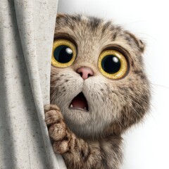 A frightened cat with wide yellow eyes peeks from behind a textured beige curtain