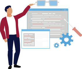 The man is explaining computer programming