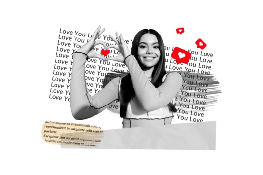 Composite photo collage of happy cute girl show heart shape hands gesture blog like icon valentine day isolated on painted background