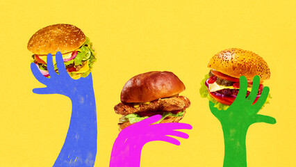 Hand-drawn digital collage. Vibrant colorful hands holding juicy burgers on bright yellow background. Concept of fast food branding, packaging design, and delivery app promotion.