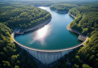 Naklejka na ściany i meble Aerial top view of a large concrete arch dam and blue water reservoir. Hydroelectric power station surrounded by a dense green forest. Renewable energy and water management concept Naklejka na ściany i meble Aerial top view of a large concrete arch dam and blue water reservoir. Hydroelectric power station surrounded by a dense green forest. Renewable energy and water management concept