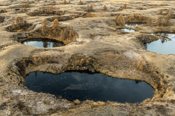 Craters filled with water, aerial view. Round holes with water.