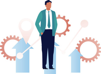 The man is standing on up arrow