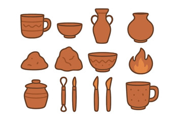 Set of pottery making icons showing ceramic ware, raw clay, carving tools, and kiln fire symbol