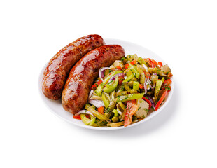 Grilled sausages served with a fresh vegetable salad at a casual gathering