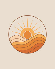 Boho style sunset illustration with wavy landscape, perfect for travel and natureinspired designs